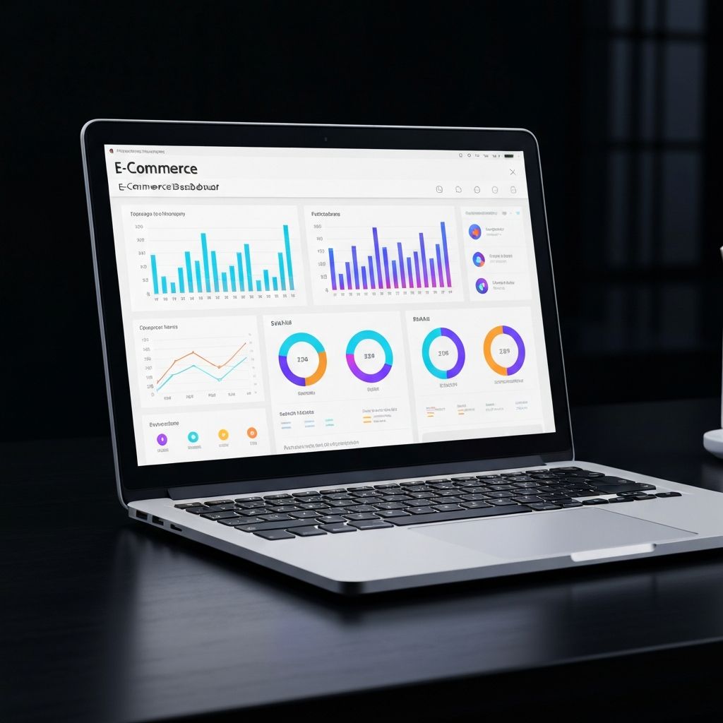 Laptop displaying an e-commerce dashboard with revenue charts and analytics