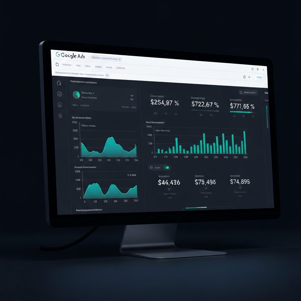 Computer screen showing a Google Ads dashboard with performance metrics and ROI graphs