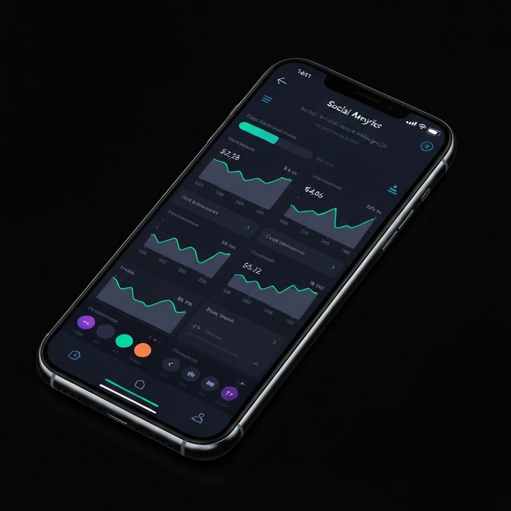 Smartphone displaying social media analytics with engagement charts and follower growth metrics